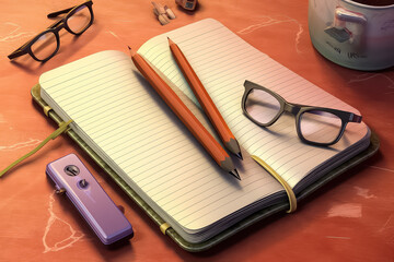 autumn school notebook with glasses in cartoon style.