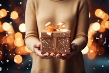Closeup of a woman holding a gift box in the blurry background