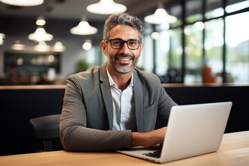 Portrait of middle-age smiling handsome business man using laptop computer, typing, working in modern office looking at camera