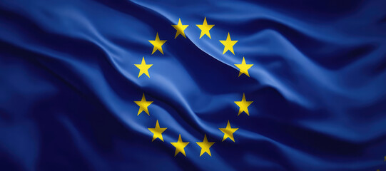 Waving flag of European Union. Circle of stars on a dark blue background. - obrazy, fototapety, plakaty