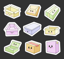 Cute delivery box characters. Sticker Bookmark. Shipping and packaging. Vector drawing. Collection of design elements.