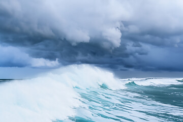 Big waves in the ocean and dark rain clouds.