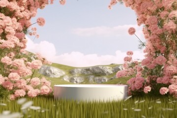 Natural beauty podium backdrop with spring flower field. 3d rendering. gerative ai.