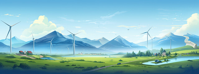 Nature landscape with wind turbines, house, road and mountains. 
Eco friendly house with windmills in the field. Clean electricity and Ecology concept, Graphic design style for websites.