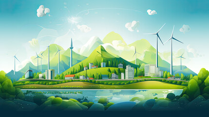 Nature landscape with wind turbines, house, road and mountains. 
Eco friendly house with windmills in the field. Clean electricity and Ecology concept, Graphic design style for websites.