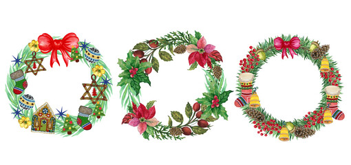 Holiday Template Wreath christmas festival watercolor garland evergreen painting drawing illustration for invitation greetings