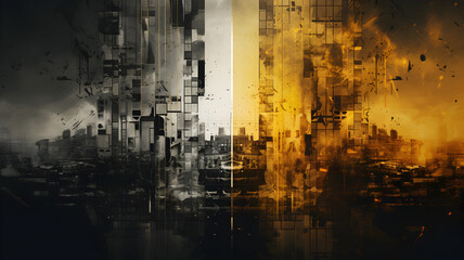 Futuristic banner of digital art. Landscape of city with skyscrapers in grey and gold.
