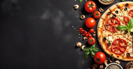 Delicious vegetarian pizza with tomatoes, olives, mushrooms, basil, and other ingredients on a wooden board over a dark black backdrop. Text copy space, banner design, and traditional Italian cuisine