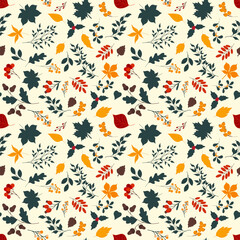 Autumn seamless pattern with different leaves and plants, seasonal colors	