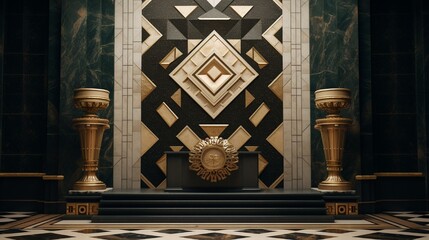 A mosaic podium standing in an elegant room, with its stunning geometric patterns catching the eye.