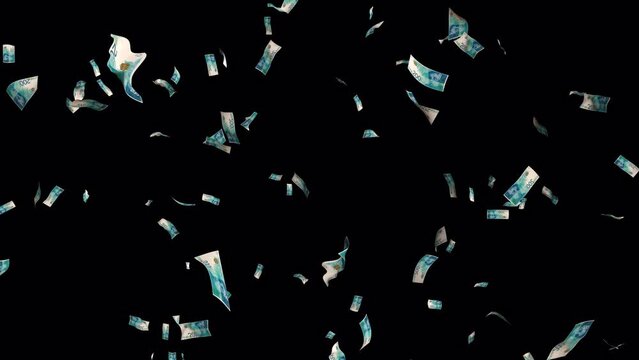 200 Shekel money transition. Many banknotes falling on transparent background. Cash rain. Alpha channel.