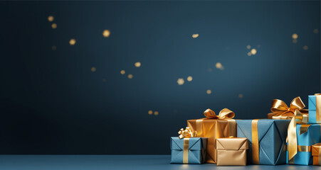a christmas background with golden and blue gift items on a blue background, christmas background with christmas balls and decoration