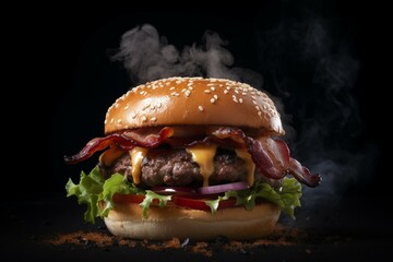 appealing burger, smoky, bacon, beef, succulent, hamburger, black background. Generative AI