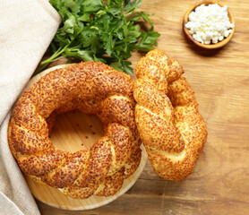 Turkish bagel simit with sesame seeds on the table