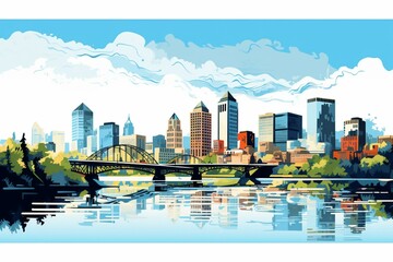 Panoramic clip art of Portland city skyline. Generative AI