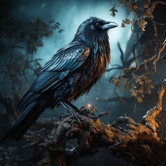 Black raven full moon on a branch