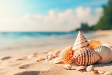 Fototapeta na wymiar Sea shells on sandy beach. Tropical beach with shells on sand. Summer holiday vibes. Post-processed. Generative AI
