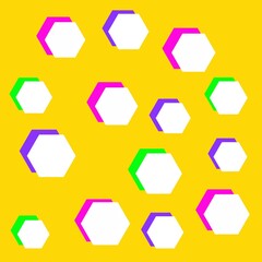 White hexagons with multicolored shadows on yellow background
