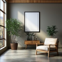 Blank poster, white chair, and plant in room