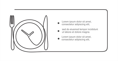 One Line Drawing of Plate, fork, knife and clock. Cooking method and time