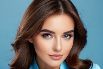 Naklejka premium Close-up portrait of beautiful sensual caucasian woman with brown hair wearing blue clothes on a blue background.