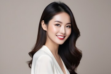 Fashion Portrait of Young asian woman with long black hair style wearing casual linen clothing on grey background