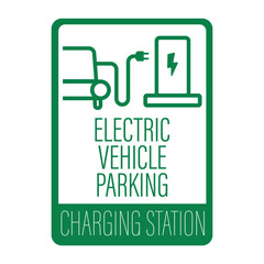 Isolated sticker label design of green rectangle electric vehicle charging station for ev car, electric car parking with illustration mobile, cable and electrical plug