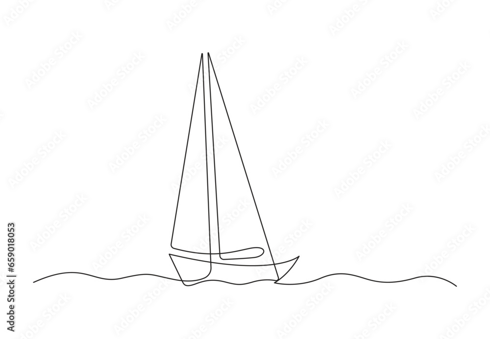 Poster continuous one line drawing of a sailboat in the sea. isolated on white background vector illustrati