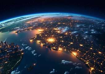 View from space on night city through clouds panoramic angle.AI Generative