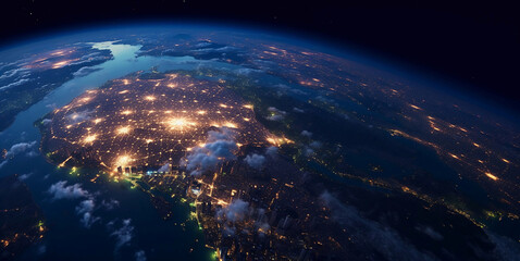 Obraz premium View from space on night city through clouds panoramic angle.AI Generative