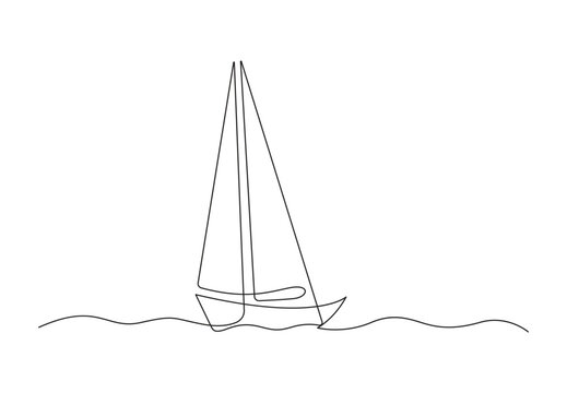 Continuous one line drawing of a sailboat in the sea. Isolated on white background vector illustration. Premium vector. 