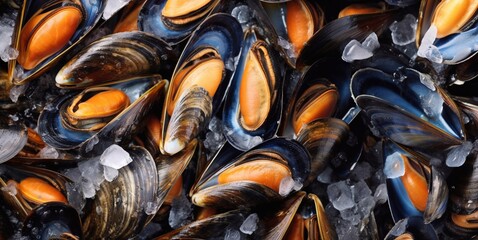 Fresh sea mussels on melted ice in seafood market.Macro.AI generative