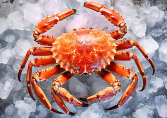 Fresh large raw crab on melted ice in seafood market.Macro.AI generative