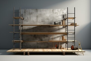 3D depiction of declining grey scaffold with wooden board. Generative AI - obrazy, fototapety, plakaty