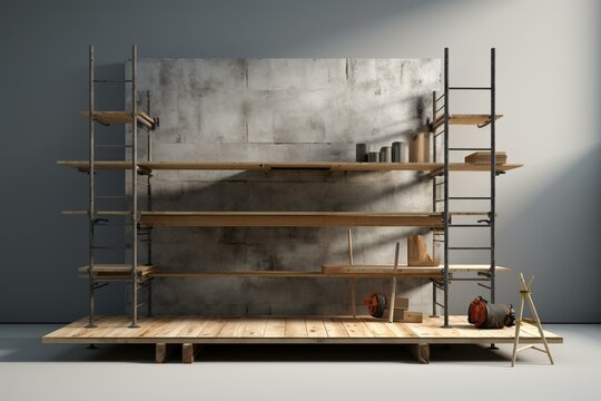 3D depiction of declining grey scaffold with wooden board. Generative AI