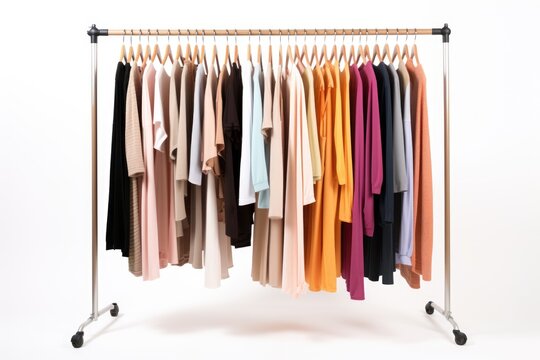 Garment clothing rack for clothes hangers on white background