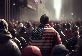 illustration of crowd of people with american flags celebrating independence day. - obrazy, fototapety, plakaty