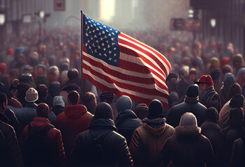 illustration of crowd of people with american flags celebrating independence day.