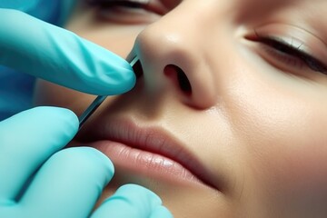 Plastic surgery concept. Hands of plastic surgeon in blue gloves with metal instrument in girl's nose.