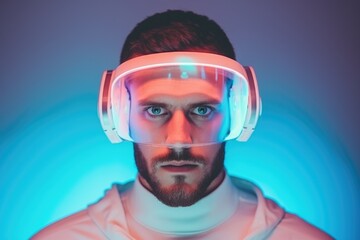 Fototapeta premium Portrait of a man with a neat beard wearing virtual reality goggles on a blue background.