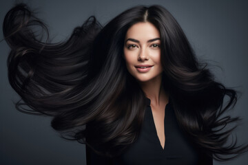 Portrait of a gorgeous brunette with gorgeous well-groomed waving hair on a gray background.