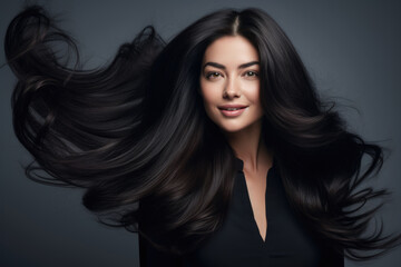 Naklejka premium Portrait of a gorgeous brunette with gorgeous well-groomed waving hair on a gray background.