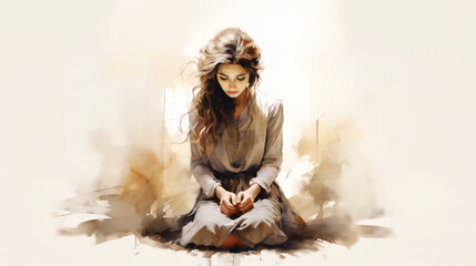 Watercolor artwork of a woman praying