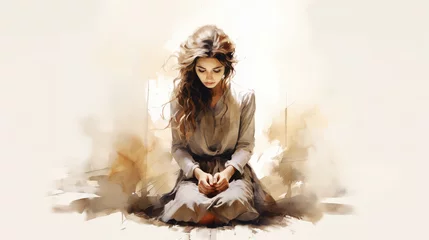Fotobehang Watercolor artwork of a woman praying © Faith Stock
