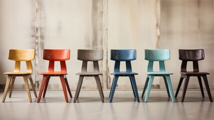 Colorful chairs in a row, vintage style, shallow depth of field