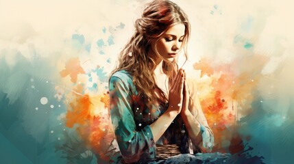 Watercolor artwork of a woman praying