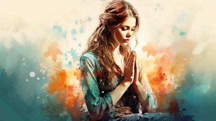 Fotobehang Watercolor artwork of a woman praying © Faith Stock