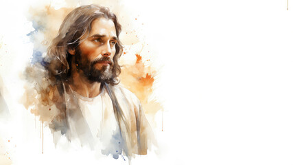 Watercolor portrait of Jesus Christ with copy space