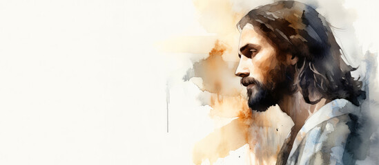 Watercolor portrait of Jesus Christ with copy space - obrazy, fototapety, plakaty
