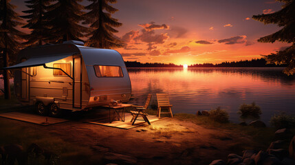 a camper by a lake at sunset